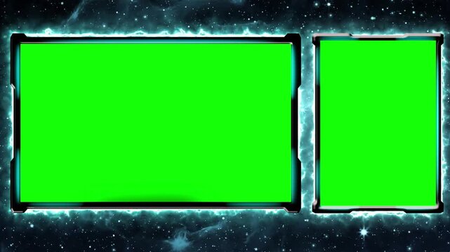 Digital green screen display with neon border on dark starry background