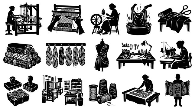 Black and White Woodcut Style Icons of Textile Manufacturing and Sewing
