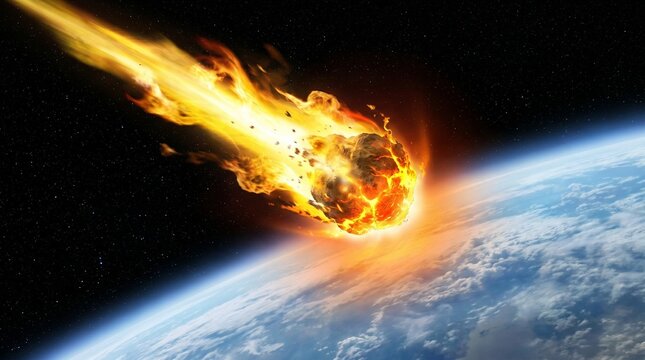 A large, fiery meteor or asteroid hurtling through space towards the Earth's atmosphere, glowing intensely with flames.