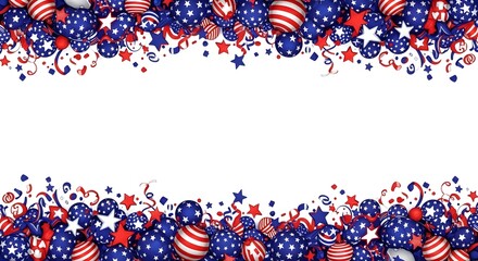 Obraz premium Patriotic american flag themed border with red and blue ornaments, stars, and ribbons isolated on white background