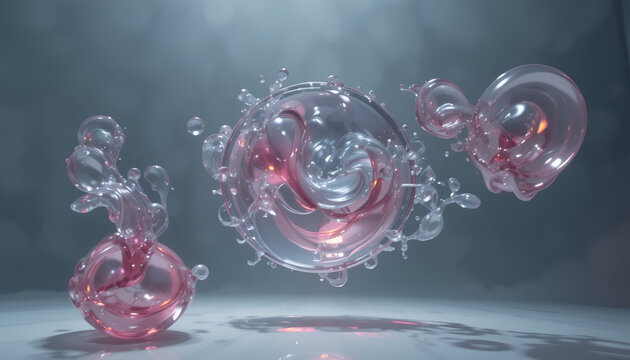 Three pink and clear glass orbs with swirling shapes float in air against dark background with spotlight