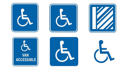 Handicap parking sign set with van accessible labels, blue disabled wheelchair symbols for public accessibility, universal disability access icons for parking lot navigation © Lara