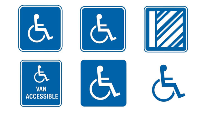 Handicap parking sign set with van accessible labels, blue disabled wheelchair symbols for public accessibility, universal disability access icons for parking lot navigation