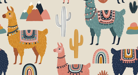 Boho llama seamless pattern with cute alpaca characters and desert cactus. Hand drawn nursery llama wallpaper with mountains and rainbows. South American animal textile vector art. © Lara
