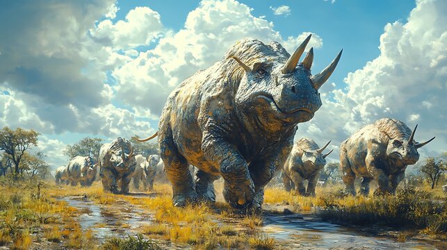 Prehistoric rhinoceros herd