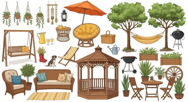 Outdoor garden furniture and patio decor collection, wooden gazebo and backyard landscape elements vector set, cozy terrace lounge furniture with BBQ grill and plants on white background