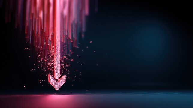 A downward arrow symbolizes a decreasing trend or negative direction. The arrow is composed of streams of light and particles, suggesting motion and energy, against a dark backdrop.