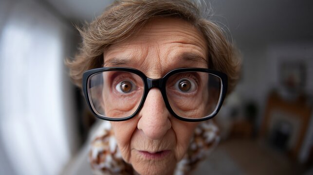 Elderly woman with large glasses looking surprised, close-up shot in a bright indoor setting with soft lighting and blurred background elements