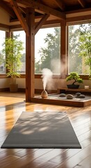 Fototapeta premium Serene indoor space features a yoga mat and essential oil diffuser beneath bright window light