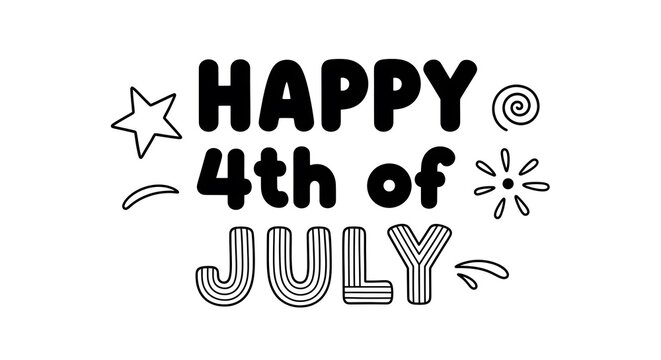 Happy 4th of july handdrawn lettering with decorative stars and fireworks
