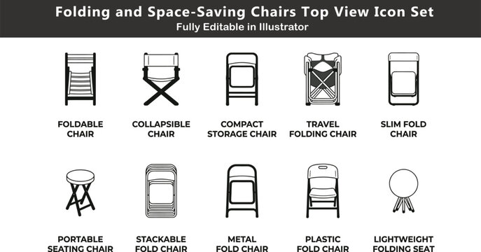 Folding chair vector icons set, space-saving seating, collapsible travel chairs, portable furniture, stackable fold seats, compact storage CAD icons