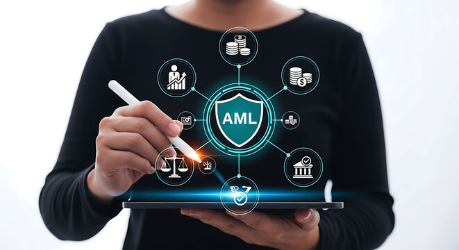 Anti Money Laundering AML Compliance Concept with Digital Tablet and Icons