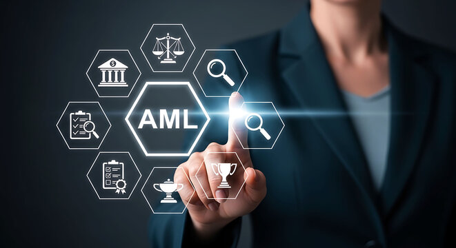 Anti Money Laundering AML Compliance Concept with Businesswoman Touching Screen