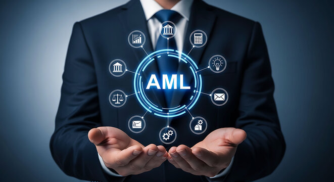 AML Anti Money Laundering concept with businessman holding digital icons