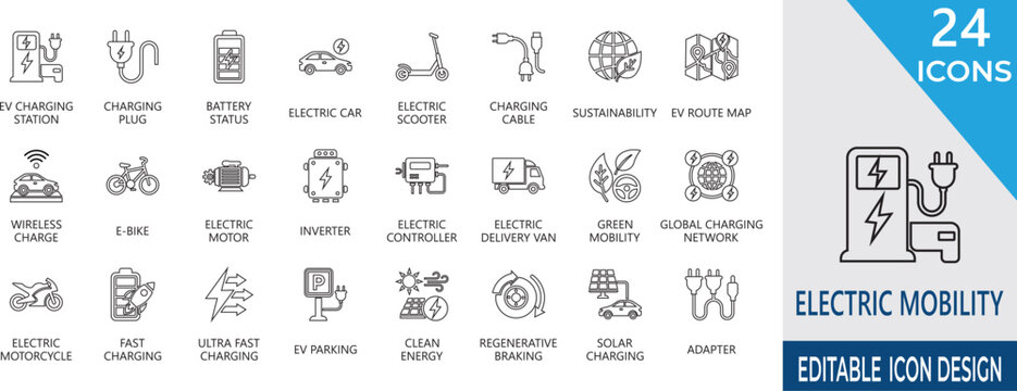 Electric mobility Icon set. contain icons related to  energy, sustainable, battery, motor, future, wireless, automotive, and more . Editable stroke. Vector illustration.   