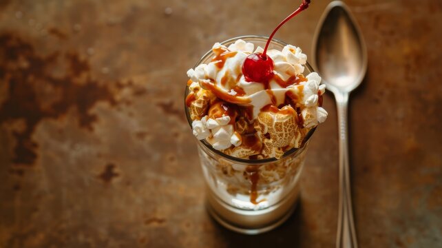 Delicious caramel popcorn sundae dessert served in a clear glass with whipped cream and a bright red maraschino cherry topping on a rustic dark textured surface