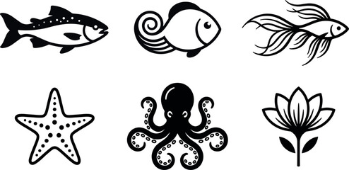 Marine animal and nature icon set with fish octopus starfish lotus and aquatic silhouette vector collection © Shasa