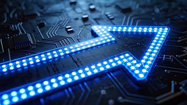 Circuit board with glowing arrow