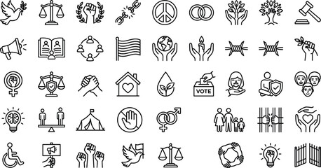 Fototapeta premium Human rights and social justice outline icon collection with peace equality freedom activism and community support symbols