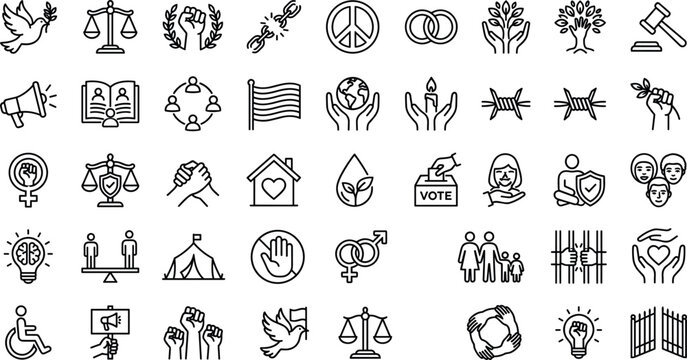 Human rights and social justice outline icon collection with peace equality freedom activism and community support symbols