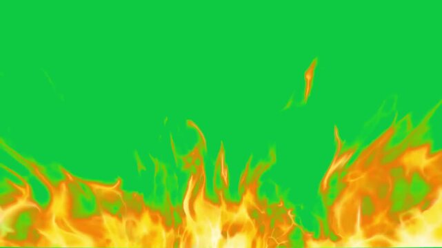 Horizontal flame line animation on green screen chroma key background with realistic orange red flames burning intensely expanding horizontally for VFX video editing motion graphics professional 4k