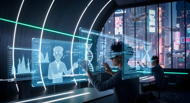 Professionals in a futuristic virtual reality lab, analyzing holographic scientific data, DNA, and collaborating with a virtual presenter in an advanced urban research setting