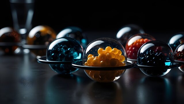 Clear glass spheres with colorful molecular gastronomy pearls, modern culinary art, innovative food science concept on dark table.