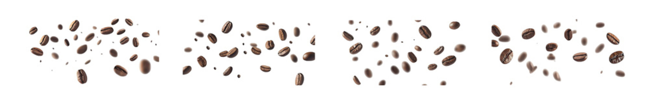 Set of Scattered roasted coffee beans in motion on transparent background isolated. png