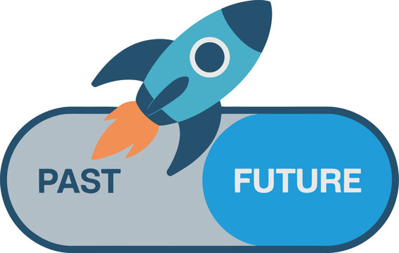 Rocket launching from past to future concept with button toggle in vector illustration style
