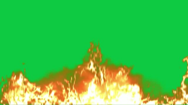 Large spreading fire animation on green screen chroma key background with realistic orange red flames burning intensely expanding horizontally for VFX video editing motion graphics professional 4k