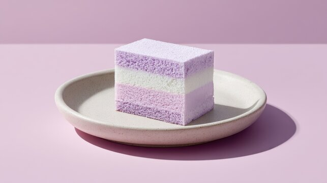 Three-layer pastel cake slice on pink background