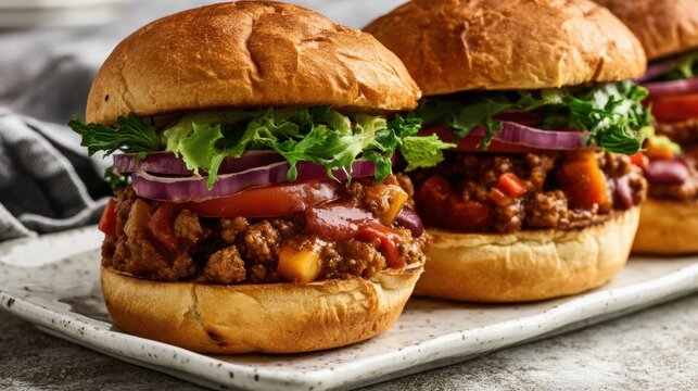 Vegetarian sloppy joe burger closeup with lentil filling, lettuce and red onion on a brioche bun for menu background and food banner