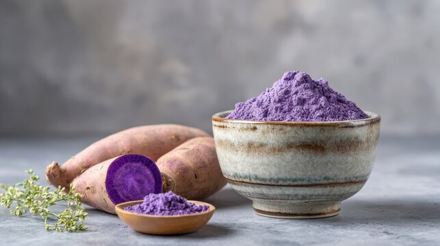 Purple sweet potato powder with fresh tubers on rustic surface