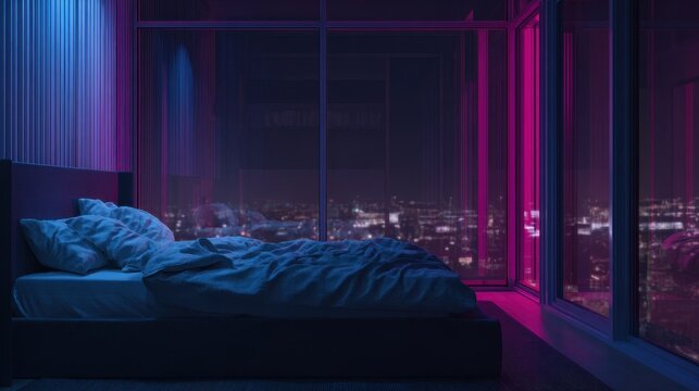 Unmade bed illuminated by neon glow near city windows