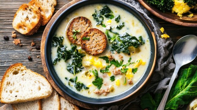 Creamy soup with kale and sausage served with toasted bread slices