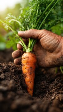 Closeup hand holding freshly harvested organic carrot with greens for gardening wallpaper and farm to table background design