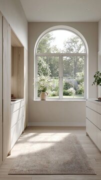 Airy scandinavian minimal kitchen with large arched window and soft natural light for interior wallpaper and background use