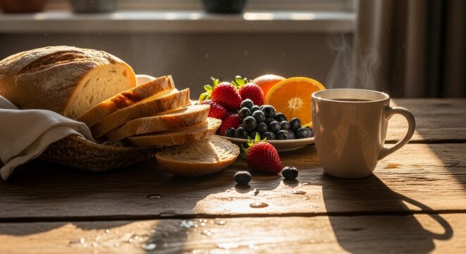 Breakfast still life bread fruit coffee on a wooden table