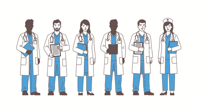 Group of diverse medical doctors and healthcare professionals standing in white coats.