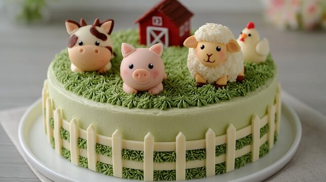 Farm animal themed cake with green grass buttercream and fondant barn and animals for birthday party centerpiece and dessert table design