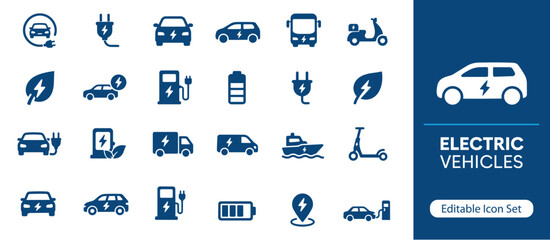Naklejka premium Electric Vehicles Solid Icon Set, Smart Transportation and Sustainable Mobility Icons for EV Charging, Battery Technology and Green Energy UI UX Design