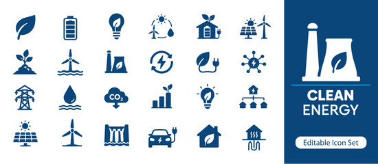 Clean Energy Solid Icon Set, Renewable Power and Sustainable Technology Icons for Green Electricity, Solar Systems and Eco Solutions UI UX Design © Creative Lab