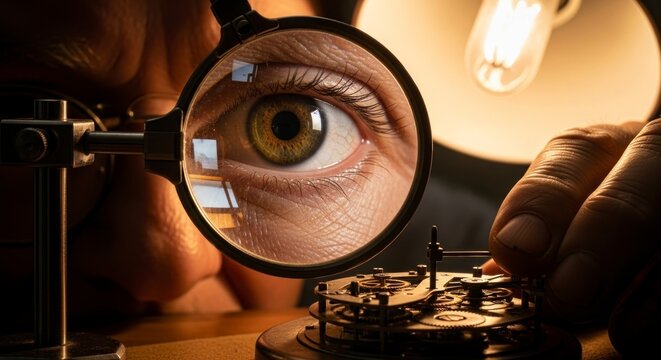 Close up of eye examining a mechanism with magnifying glass and light
