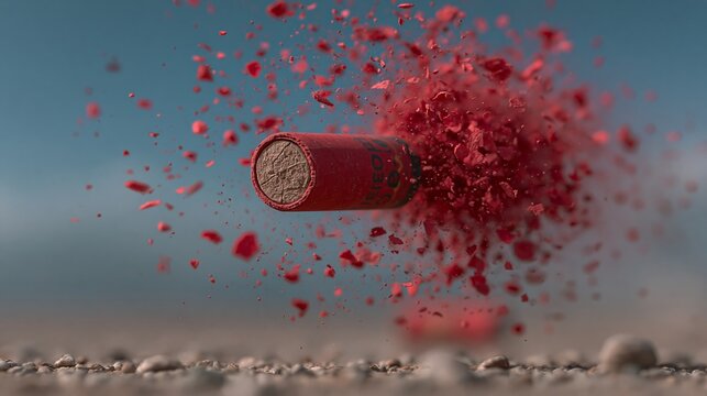 Red firecracker exploding with fragments scattering in all directions against a blurred background, showcasing vibrant colors and dynamic motion effects