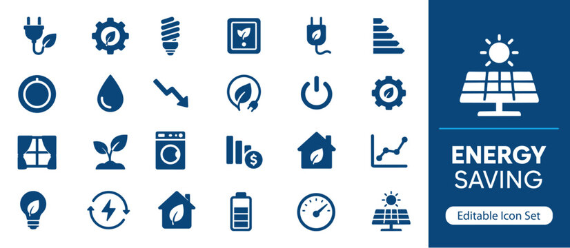 Energy Saving Solid Icon Set, Sustainable Power and Efficiency Icons for Smart Electricity Management, Green Technology and Eco Systems UI UX Design