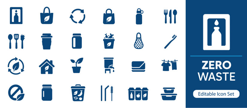 Zero Waste Solid Icon Set, Sustainable Lifestyle and Environmental Protection Icons for Recycling, Eco Living and Green Awareness UI UX Design