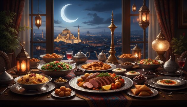 Luxurious middle eastern feast with traditional dishes and lantern lighting