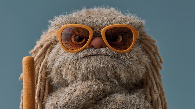 Furry creature with orange sunglasses and dreadlocks holding a stick, set against a solid blue background, showcasing a whimsical and playful character design