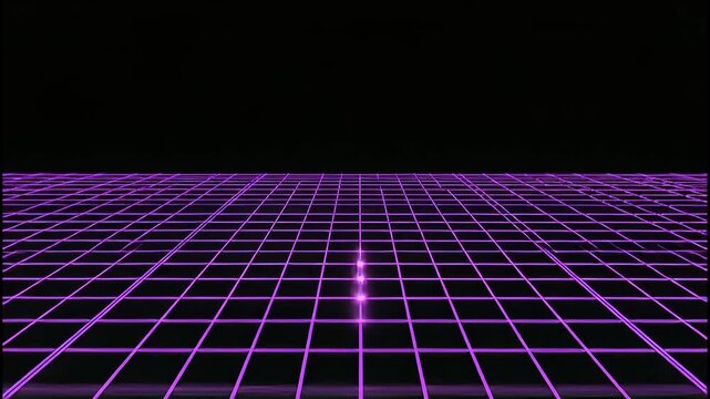 A glowing neon grid stretches into a dark, empty void, creating a futuristic landscape