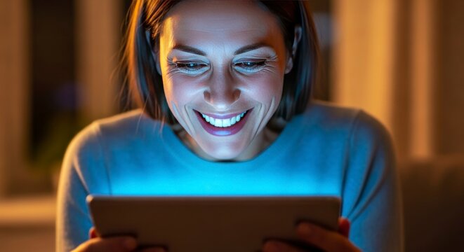 Woman enjoying tablet screen indoors with illuminated face and joyful expression